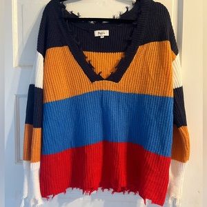Fringe sweater. Multi color low cut front area. Size M